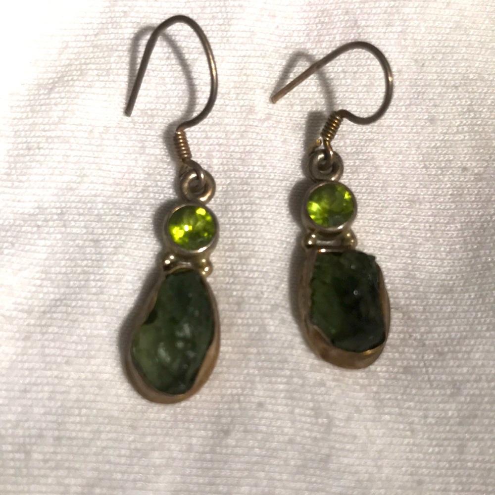 Moldavite and peridot earrings